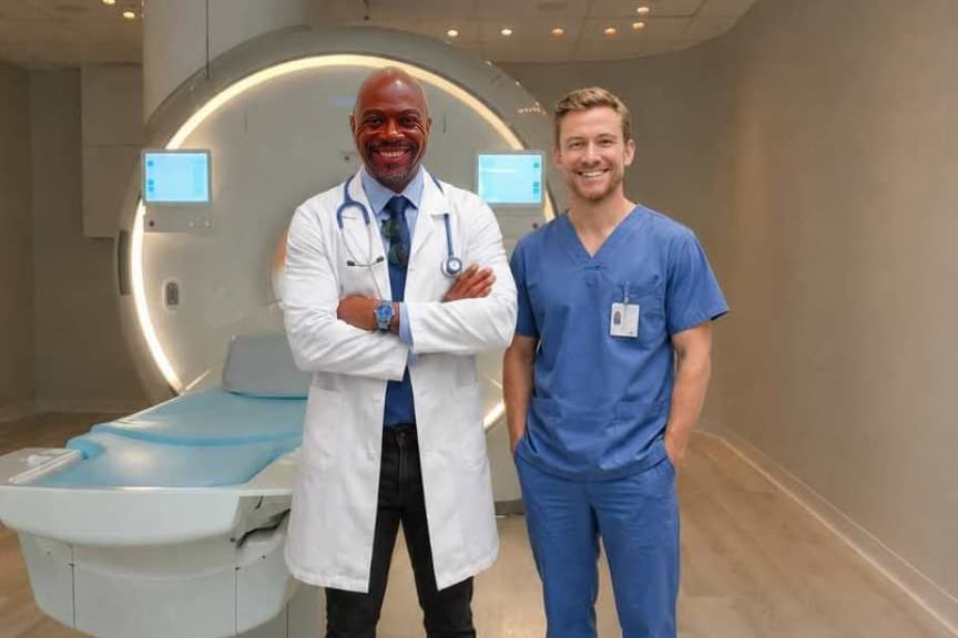 A clinician in scrubs and Robert Mateo of RM OrthoMed Technologies standing in front of a commissioned MRI scanner in a finished imaging suite.