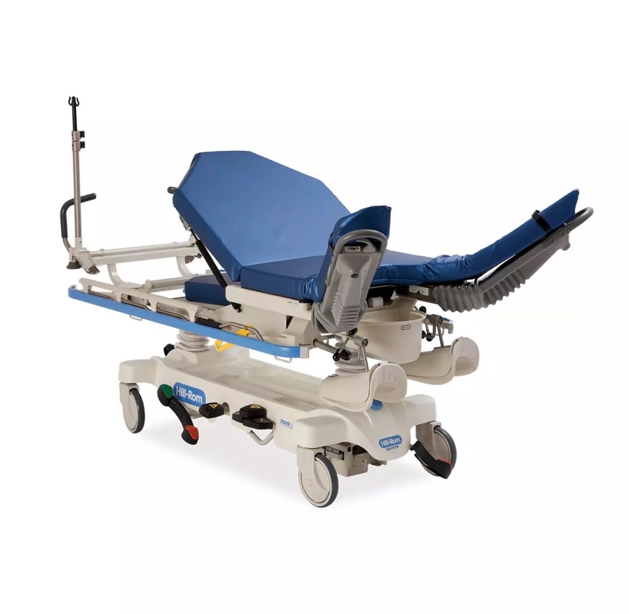 A hydraulic patient transport stretcher with side rails, IV pole and a radiolucent top.